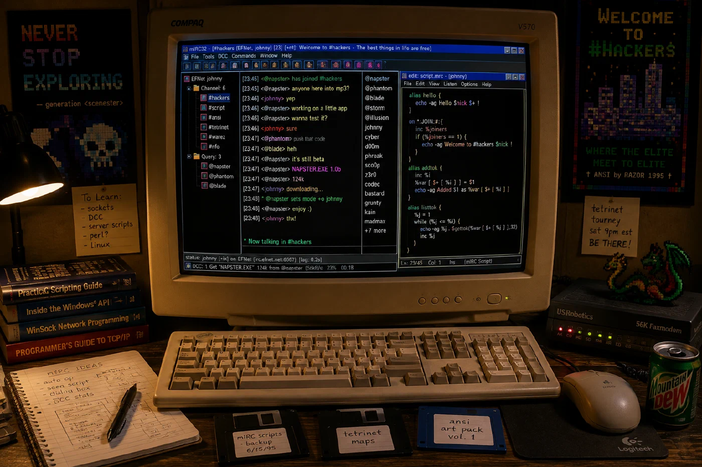 A 90s desk: Compaq CRT running mIRC, a script editor, a 56k modem, and a stack of floppies